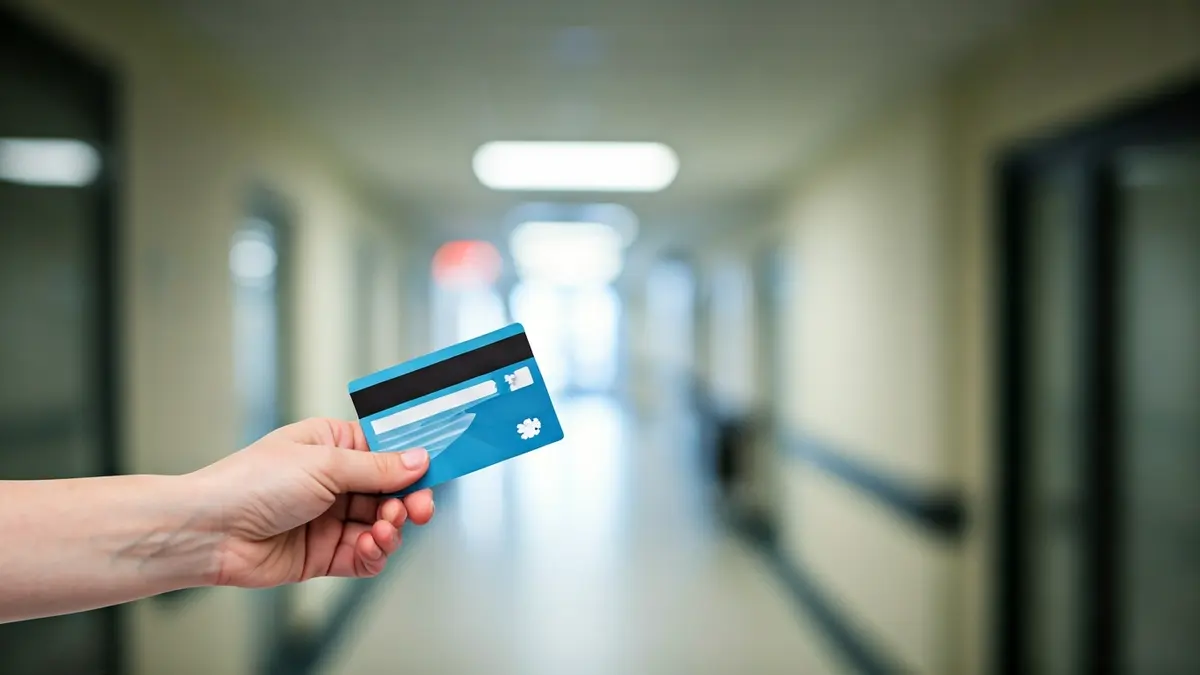 Imagen genérica de una mano sosteniendo una tarjeta de seguro médico en un entorno hospitalario.