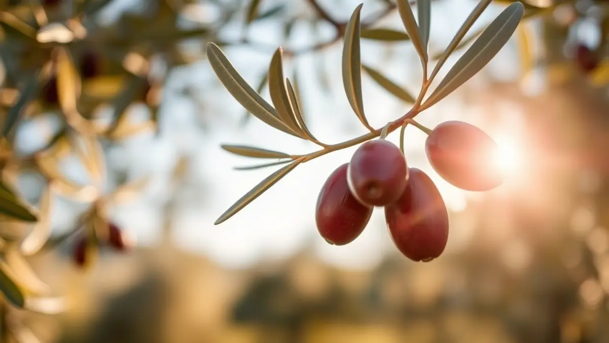 Generic image of an olive branch with ripe olives under the Andalusian sun.