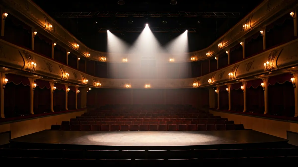 Generic image of an empty theater stage with dramatic lighting.