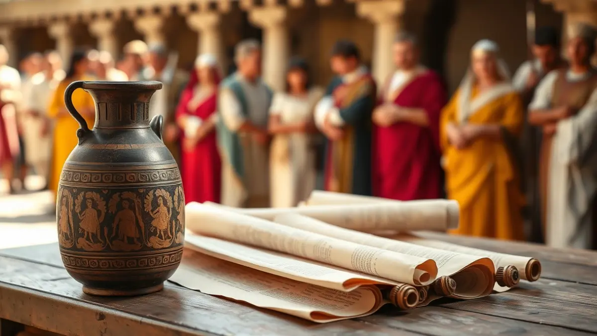 Imagen de ánforas y pergaminos antiguos, con figuras borrosas en trajes históricos al fondo, evocando un festival de recreación histórica.