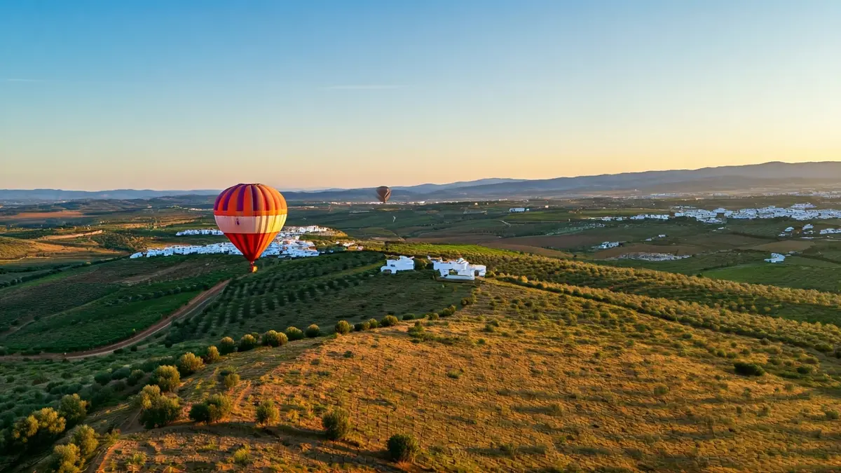Imagen de un globo aerostático sobrevolando el paisaje andaluz al amanecer.