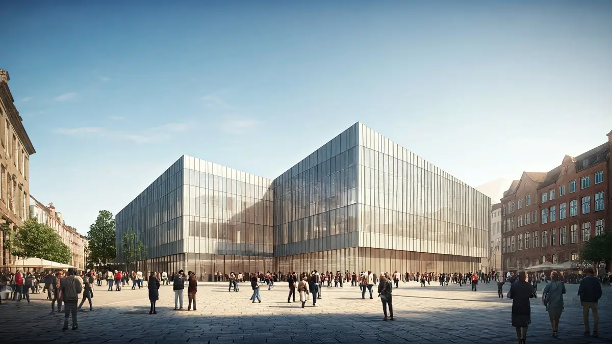 Imagen de un centro cultural moderno en una ciudad histórica europea, con personas interactuando.