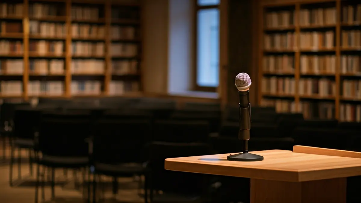 Imagen genérica de un espacio de presentación cultural con un micrófono y sillas vacías.