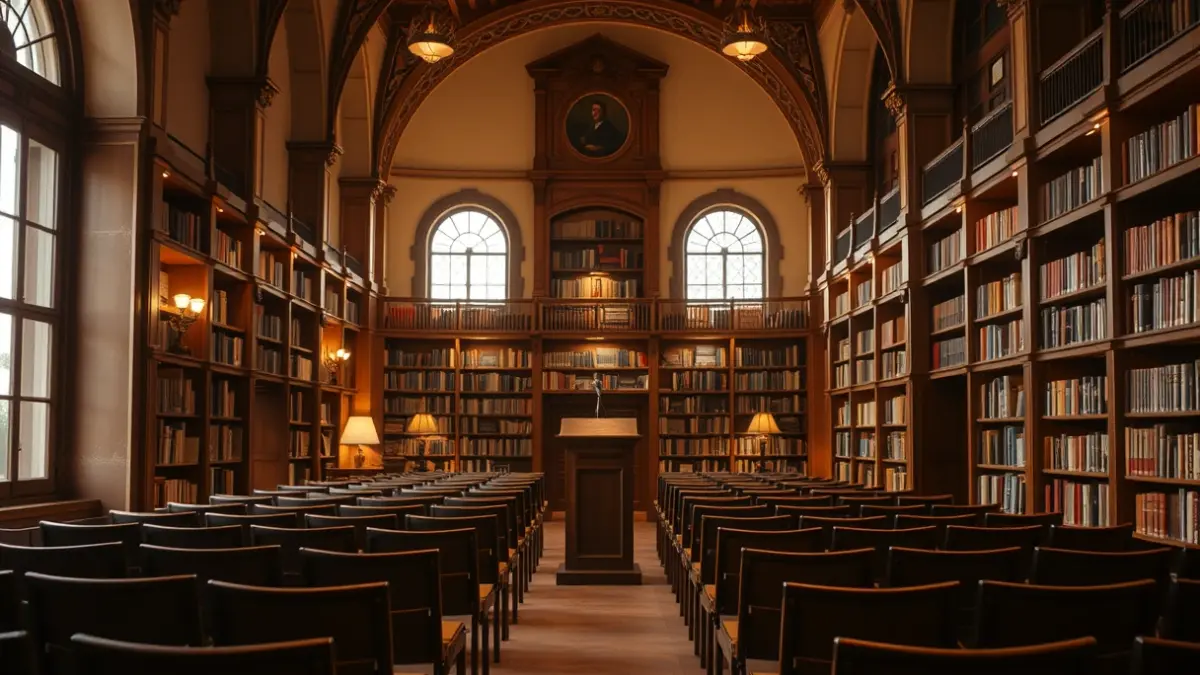 Imagen genérica de un aula o sala de conferencias preparada para una actividad cultural o educativa.