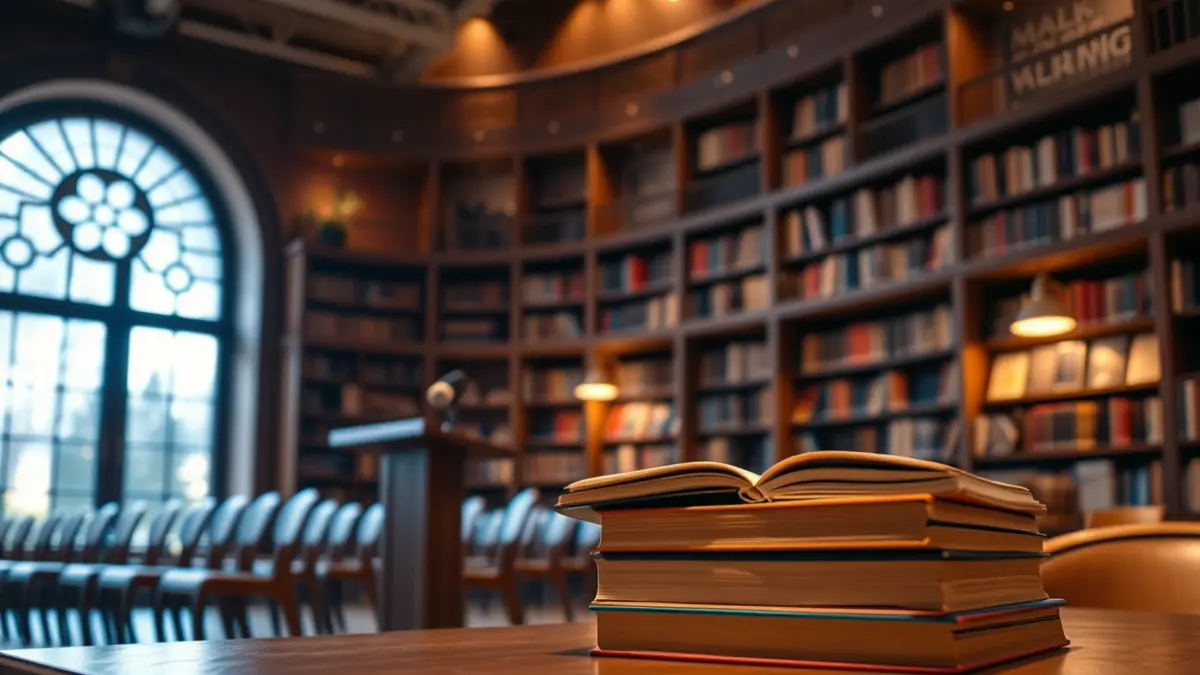 Imagen genérica de un ambiente de lectura o presentación cultural, con libros y un micrófono.