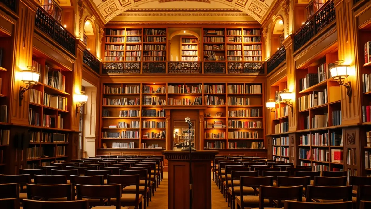 Imagen genérica de una biblioteca o sala de lectura con un podio y sillas, iluminada cálidamente.