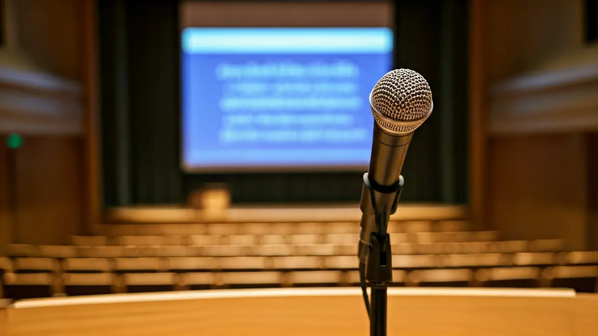 Generic image of a microphone on a podium in a university lecture hall, symbolizing an academic congress.