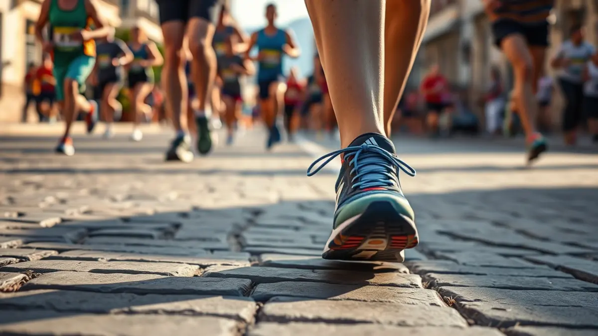 Generic image of running shoes on a street, with blurred runners in the background.