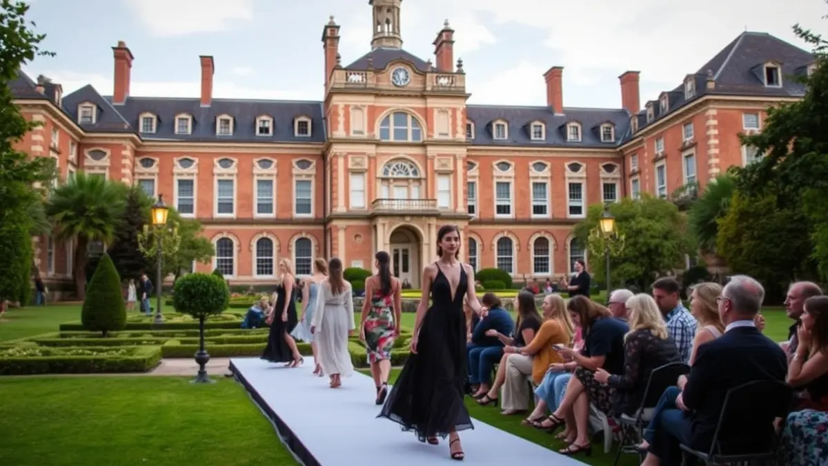 Desfile de moda sostenible en los Jardines del Triunfo de Granada con el Hospital Real de fondo.