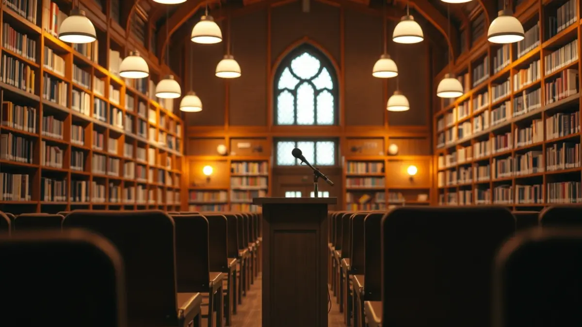 Generic image of an auditorium or reading room with a microphone on a podium and empty chairs.