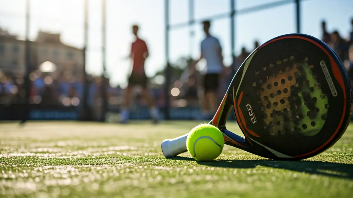 Imagen genérica de una pala y una pelota de pádel en una pista.