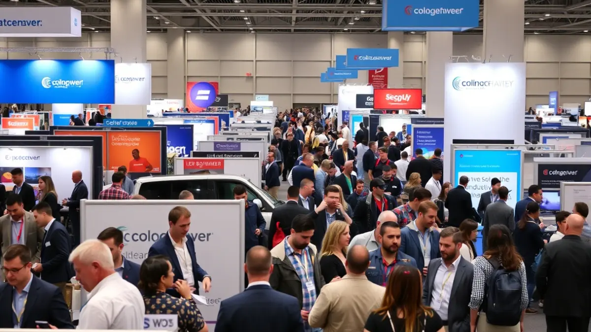 Imagen de una feria de empleo con personas interactuando en los stands.