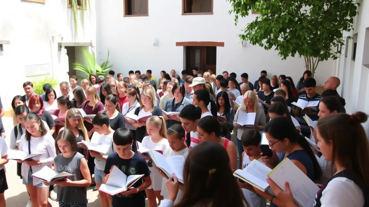 Imagen de un grupo de personas leyendo libros en un patio escolar, con un ambiente de concentración y comunidad.