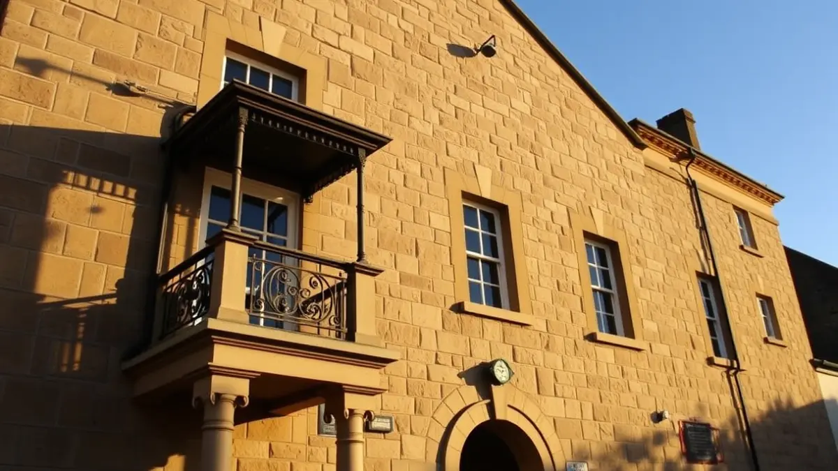 Fachada de un ayuntamiento de piedra con balcón y barandillas de hierro, bajo la luz del sol de la tarde.