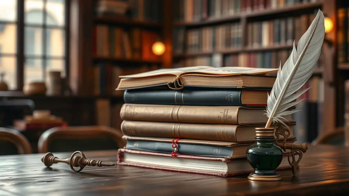 Generic image of fantasy books and writing tools in a library.