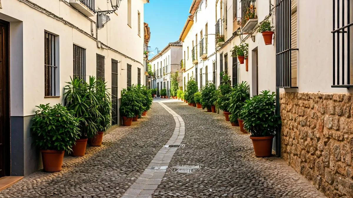 Calle estrecha y empedrada en el Albaicín de Granada con casas blancas y plantas.