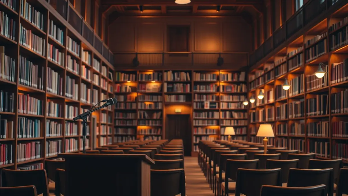 Imagen genérica de un interior de biblioteca con estanterías de madera y un podio con micrófono, iluminado con luz cálida.