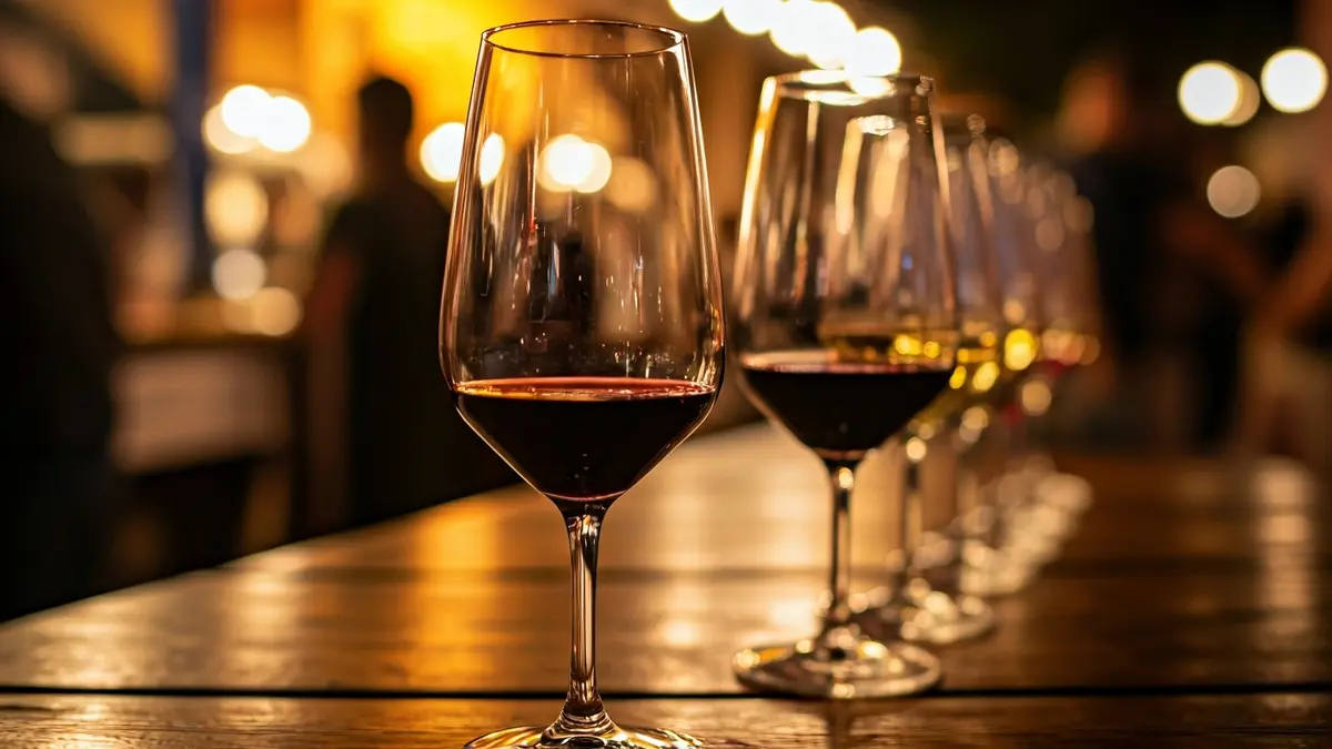 Generic image of wine glasses at a fair, with a festive atmosphere in the background.