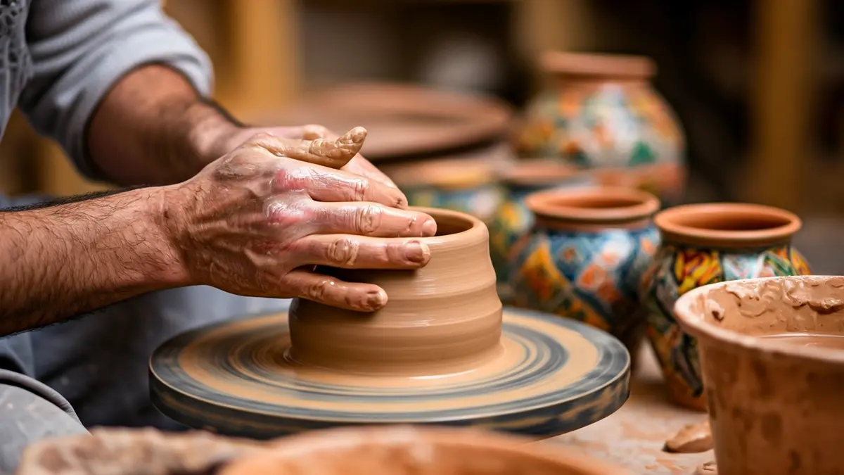 Imagen genérica de manos de artesano trabajando con barro en un torno.