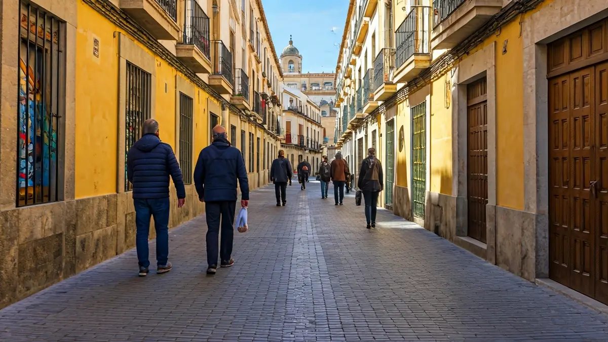 Image of a lively shopping street in Granada with decorated shop windows.