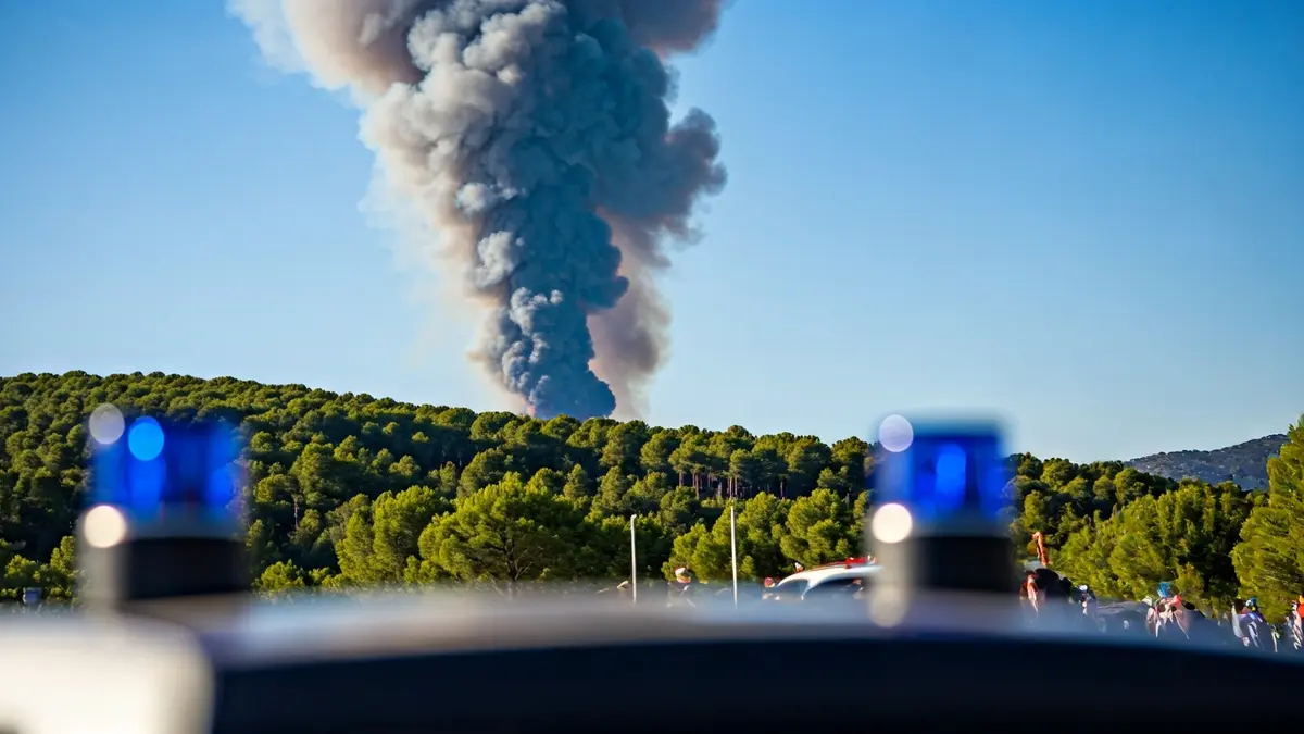 Imagen de humo elevándose sobre un bosque, con luces de emergencia borrosas en primer plano.