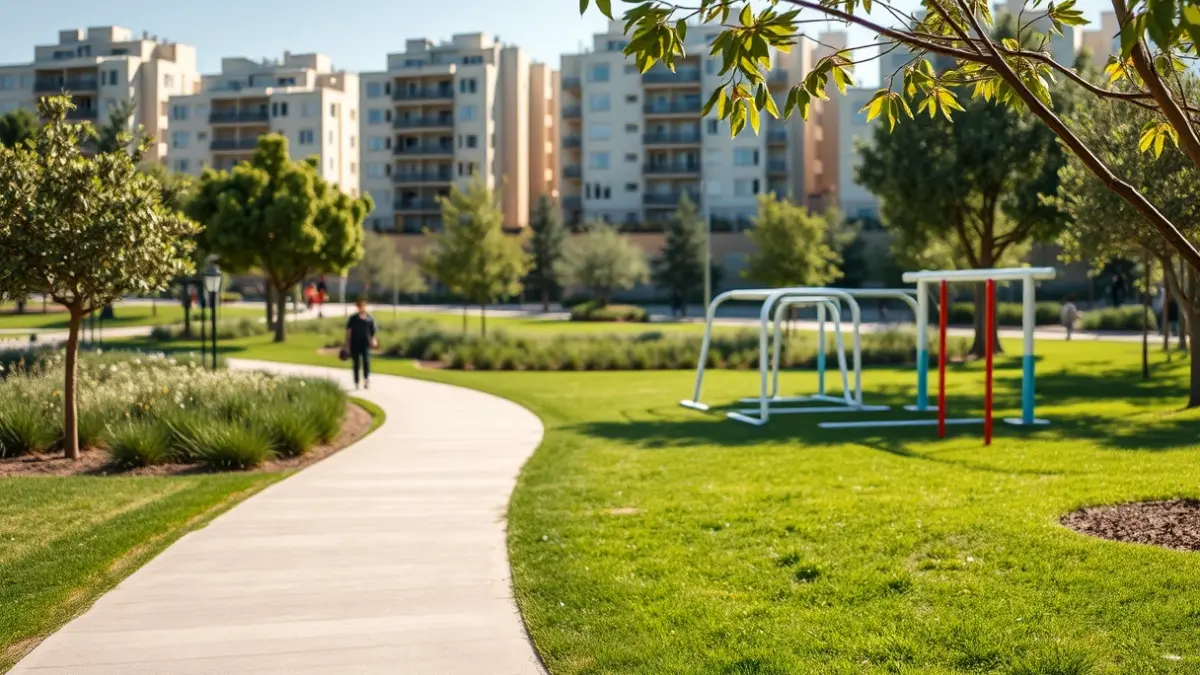 Imagen de un parque moderno con caminos peatonales y zonas verdes.