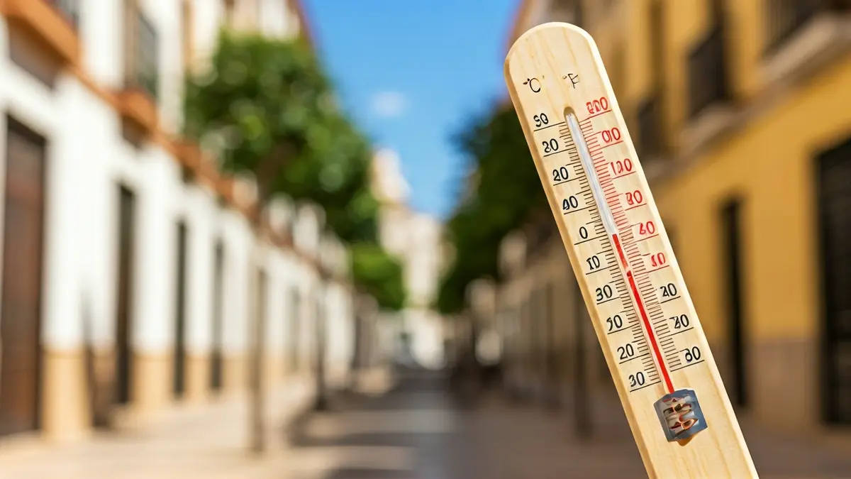 Generic image of a thermometer showing a high temperature on a sunny day.