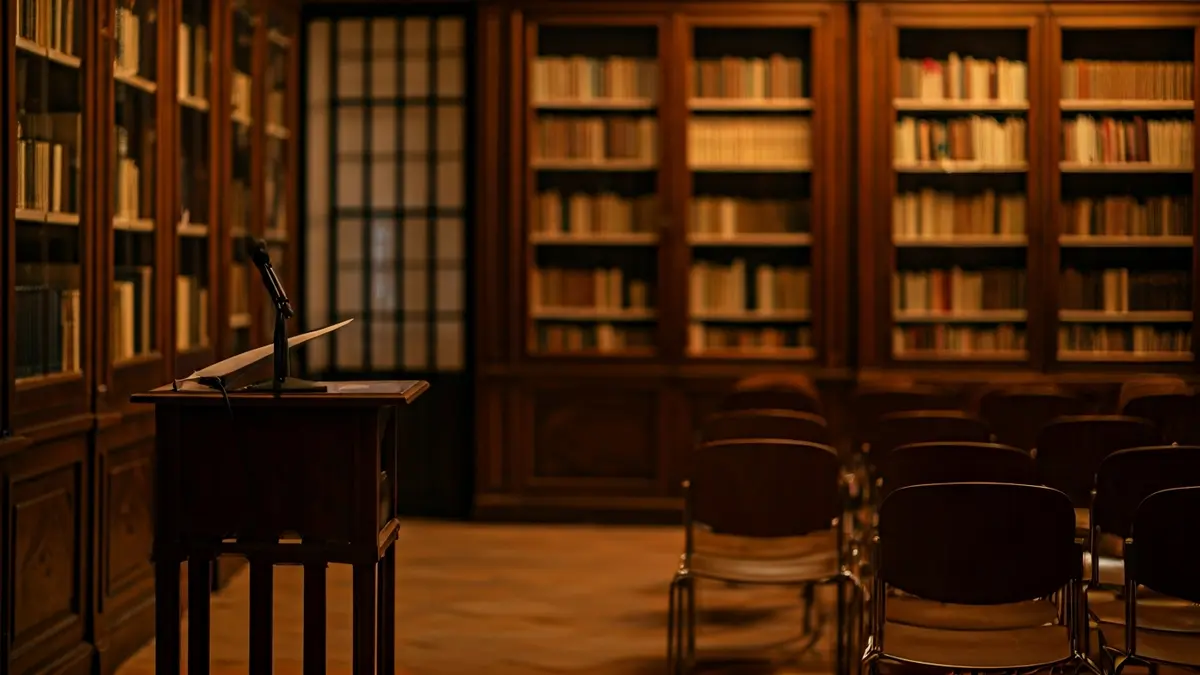 Imagen de un espacio cultural en un palacio andaluz, con un micrófono y sillas, evocando un evento cultural.
