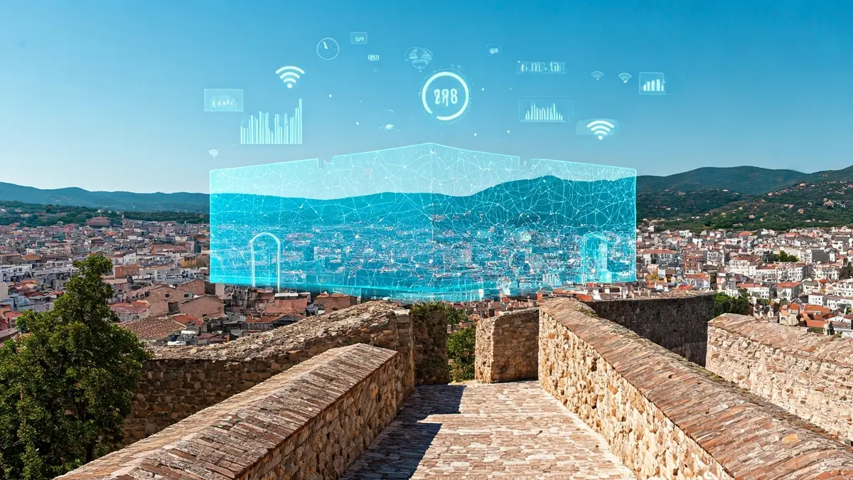 Digital representation of a historical monument with advanced technology.