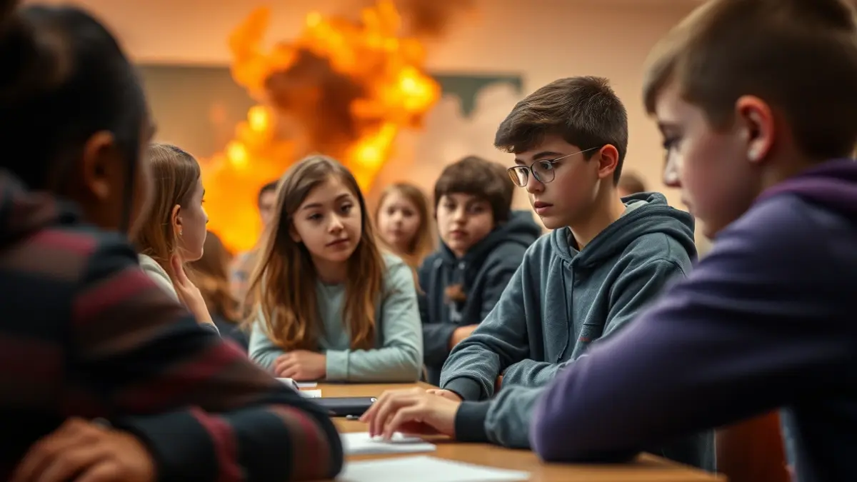 Jóvenes participando en un simulacro de emergencia en un aula.