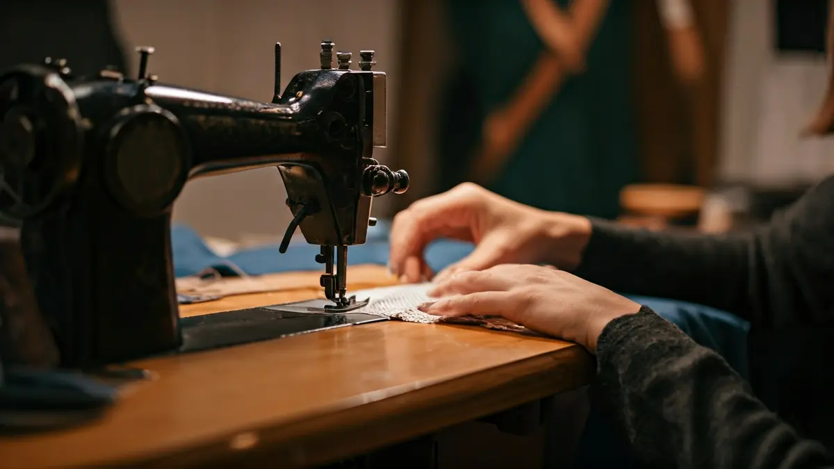 Imagen genérica de una máquina de coser con tela y manos trabajando, simbolizando la moda y la artesanía.