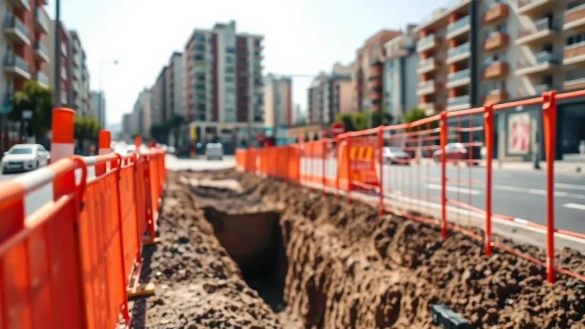 Generic image of urban street construction with orange safety barriers.