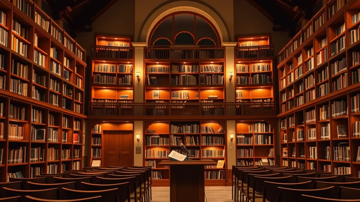 Imagen genérica de un interior de biblioteca o sala de conferencias, con un podio y sillas vacías, evocando un ambiente cultural.