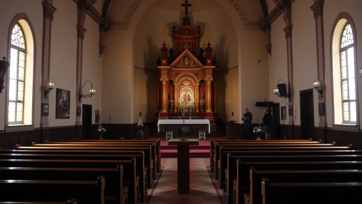 Interior de una iglesia con un atril y un micrófono, durante un evento cultural o religioso.