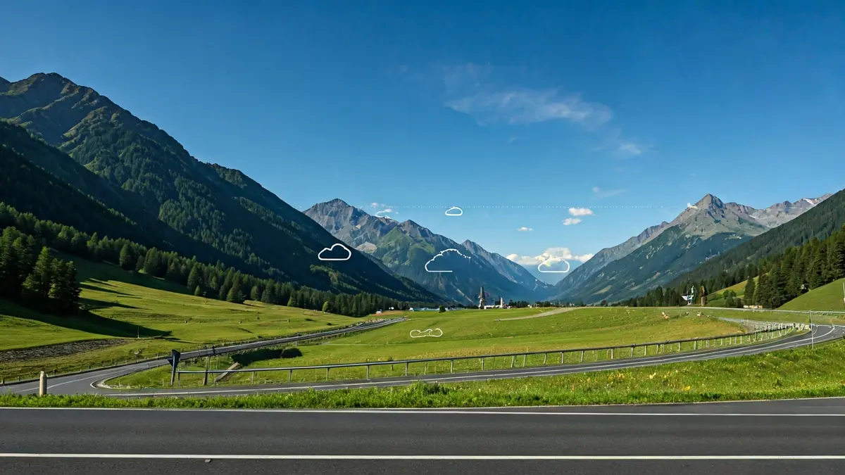 Imagen genérica de un mapa meteorológico con nubes y sol parcial sobre una zona montañosa.