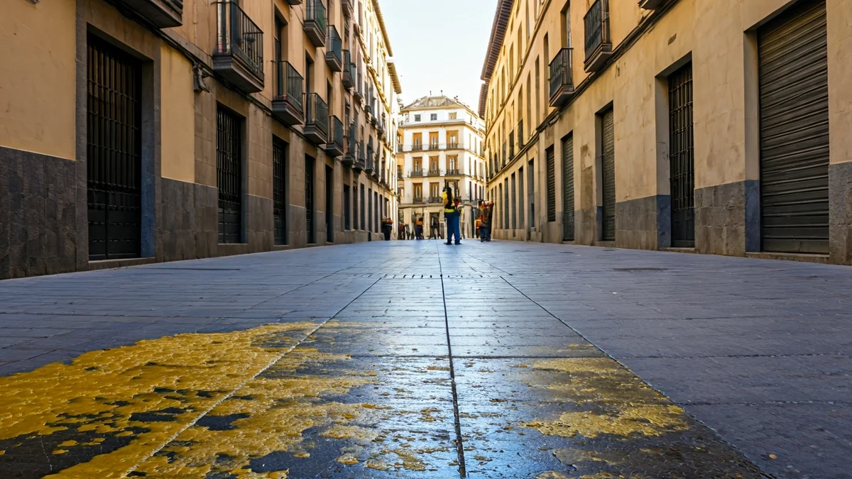Image of a Granada street with wax residue on the pavement after Easter Week.