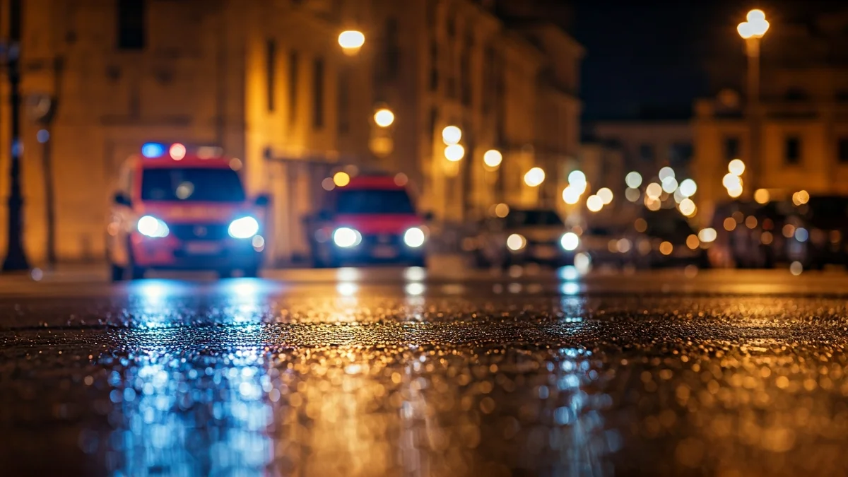 Generic image of emergency lights reflecting on wet asphalt in a Mediterranean city at night.