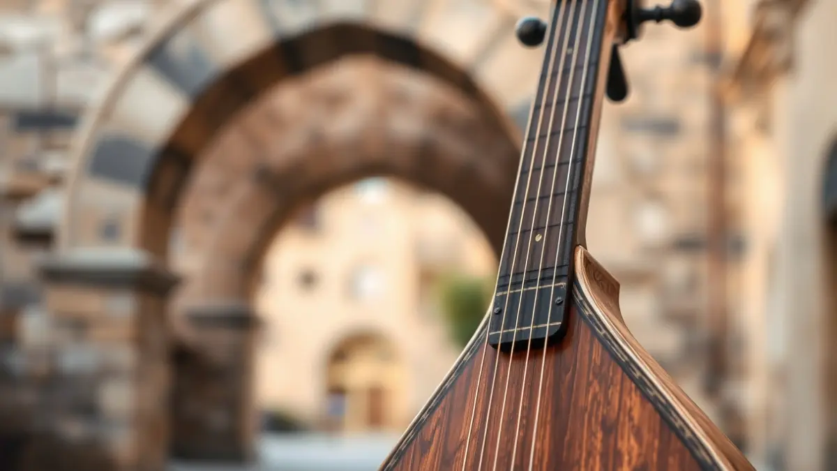 Image of an ancient musical instrument, such as a lute, with a historical architectural background.