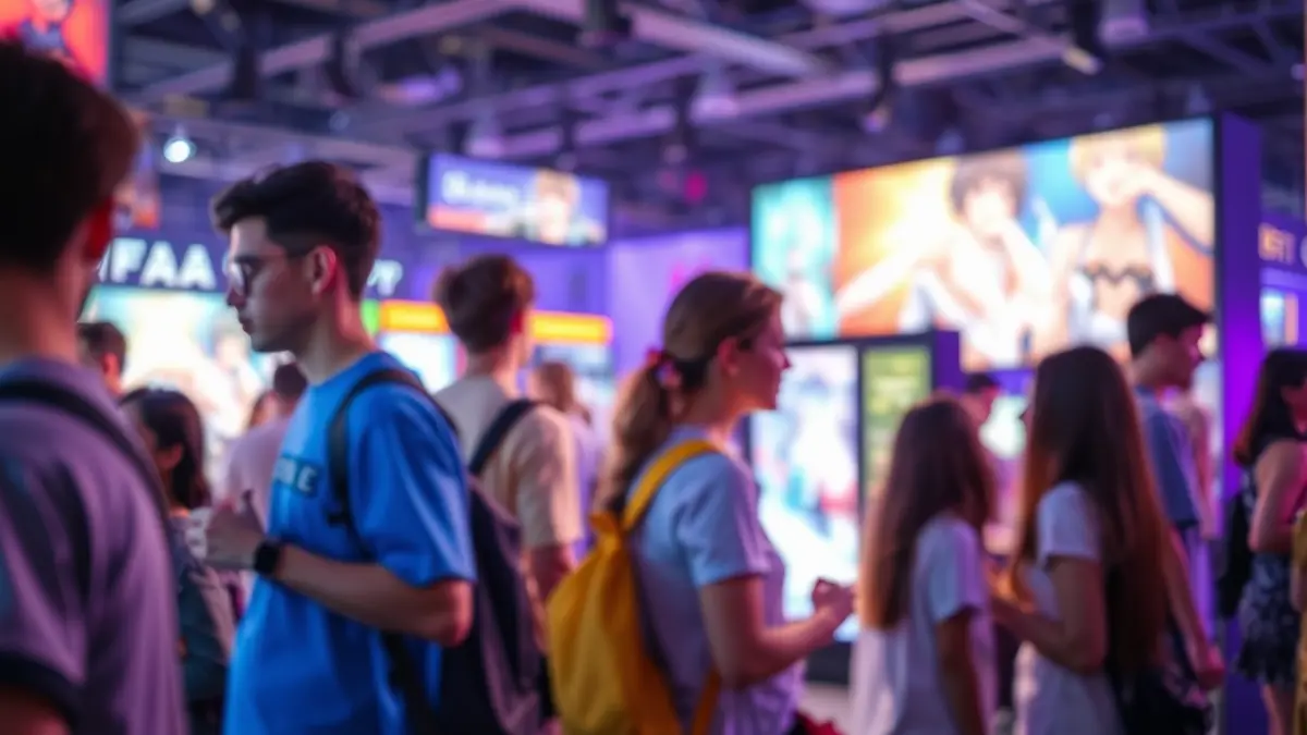 Imagen genérica de un evento cultural moderno con pantallas y personas interactuando.