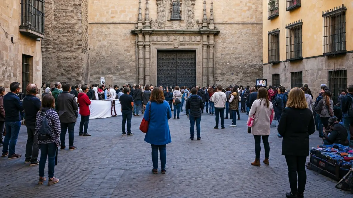 Image depicting various science outreach activities in an Andalusian urban setting, with people participating in workshops and talks.