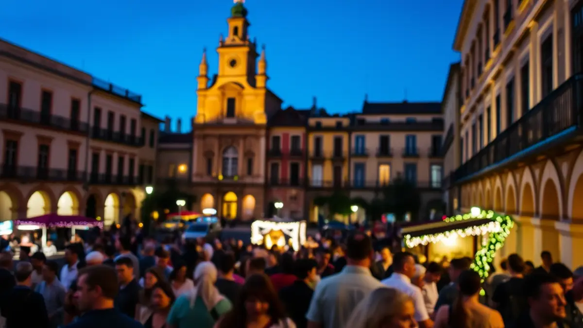 Imagen genérica de un evento cultural nocturno en una plaza histórica.
