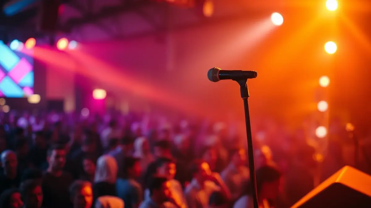 Imagen genérica de un escenario de concierto con luces y un micrófono.