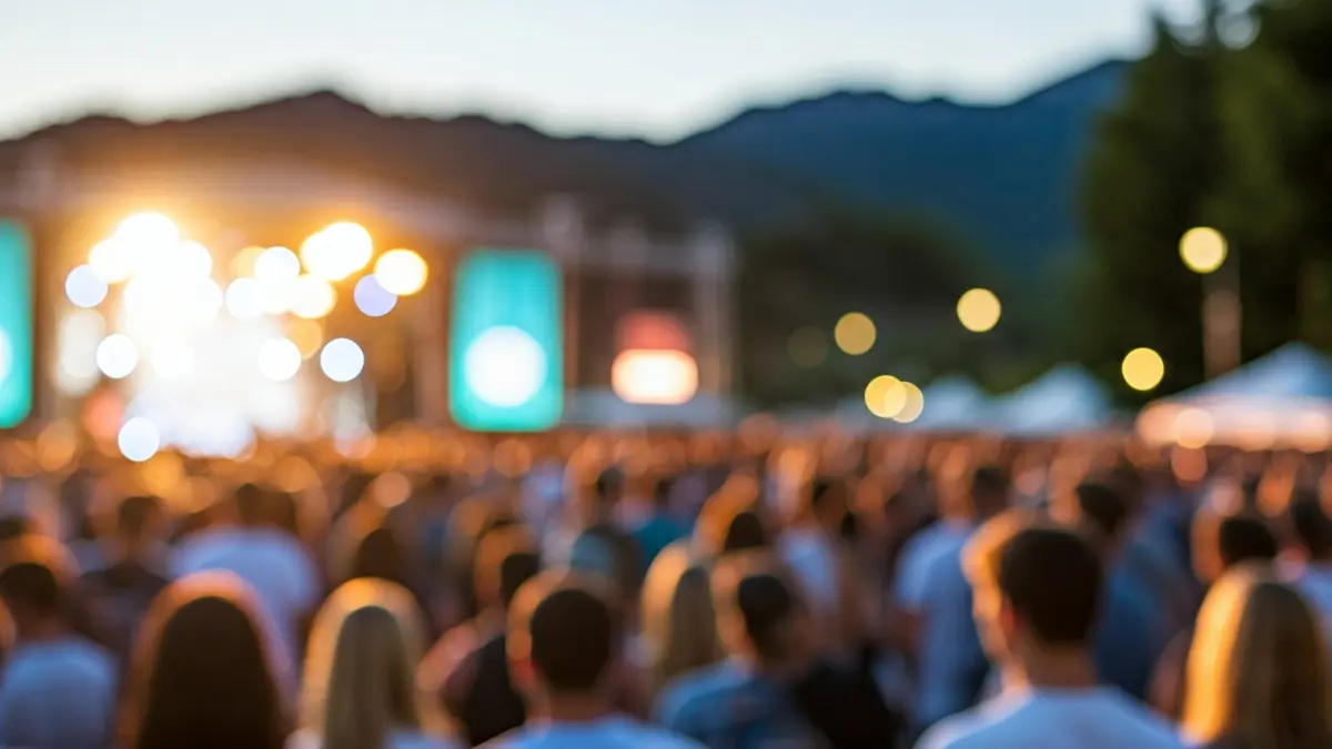 Imagen de un festival de música al aire libre con una multitud difuminada y luces de escenario.
