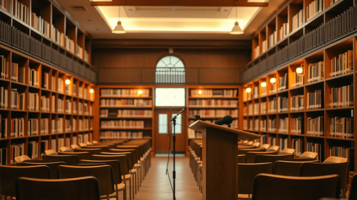 Generic image of a library with a podium and chairs, lit with warm light.