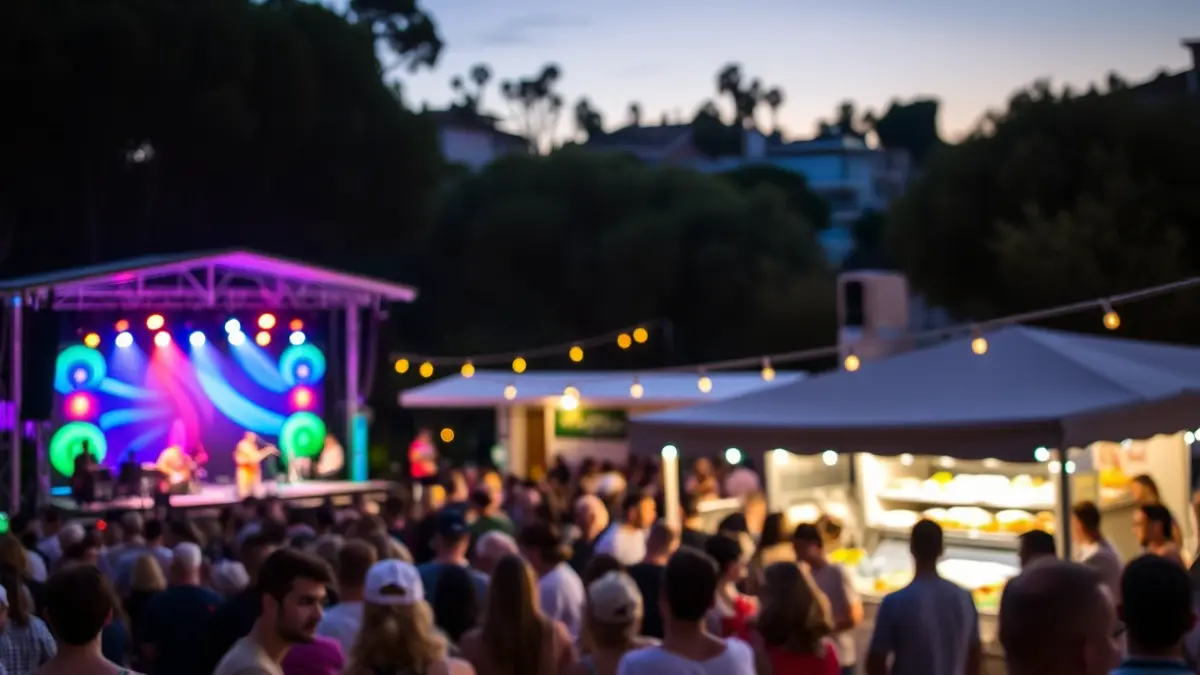 Imagen de un festival de música y gastronomía al aire libre al anochecer.