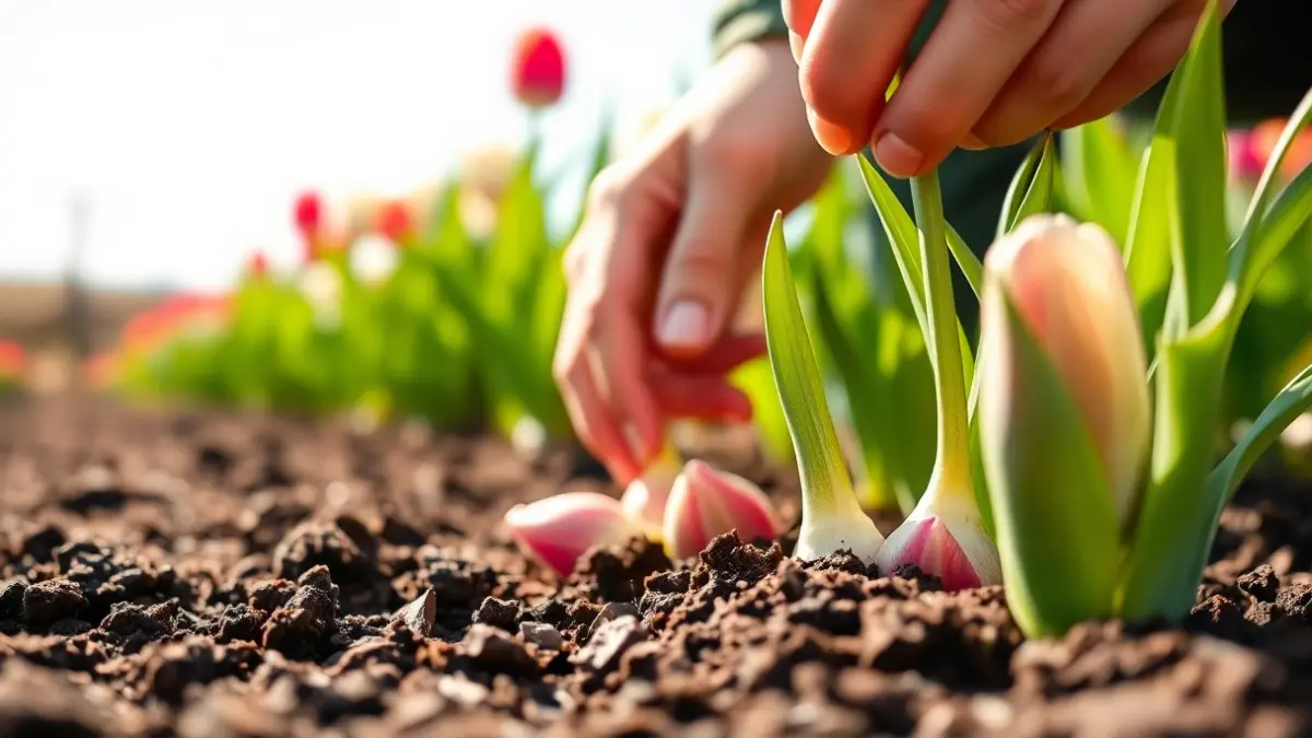 Imagen genérica de bulbos de tulipán siendo plantados en tierra.