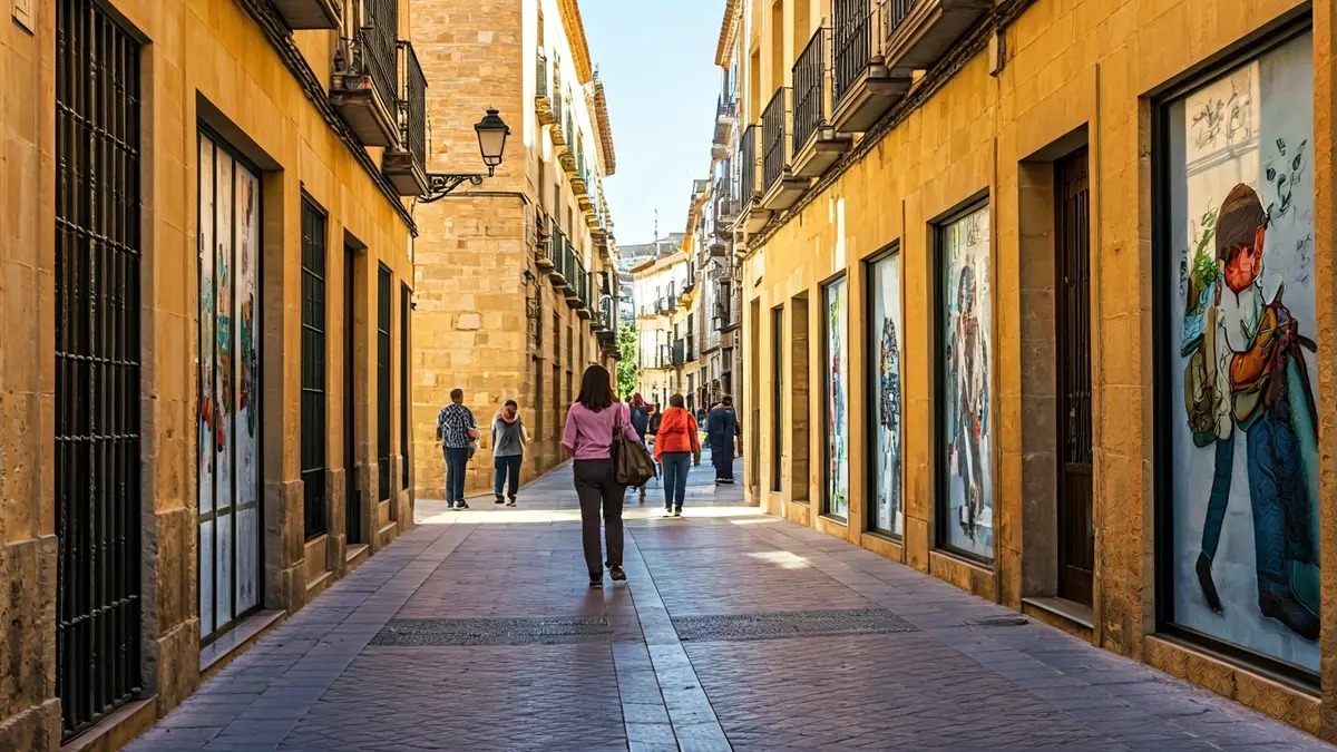 Imagen de una calle comercial en Granada con escaparates decorados y gente paseando.