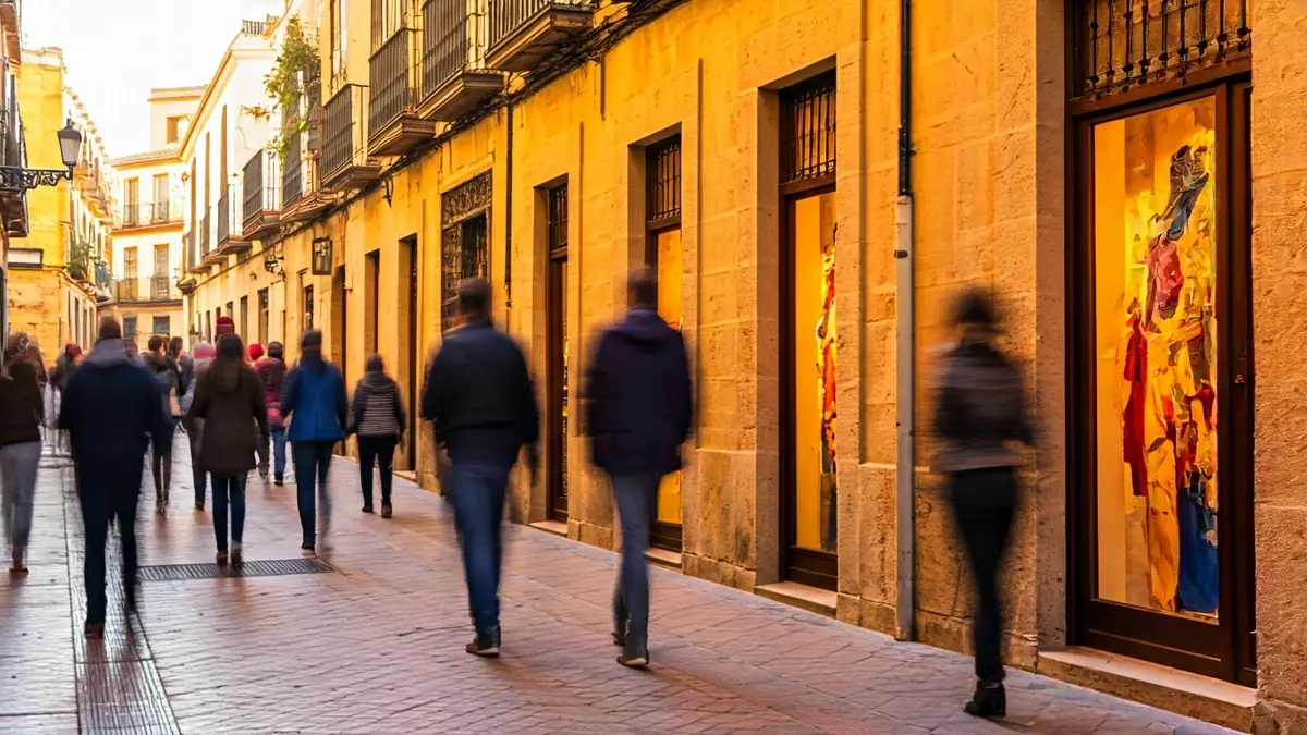 Escaparates decorados en una calle histórica de Granada durante un evento comercial.