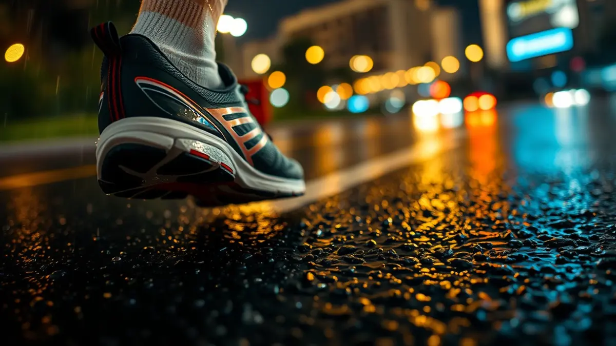 Imagen de unas zapatillas de correr en asfalto mojado, con luces de ciudad borrosas al fondo.