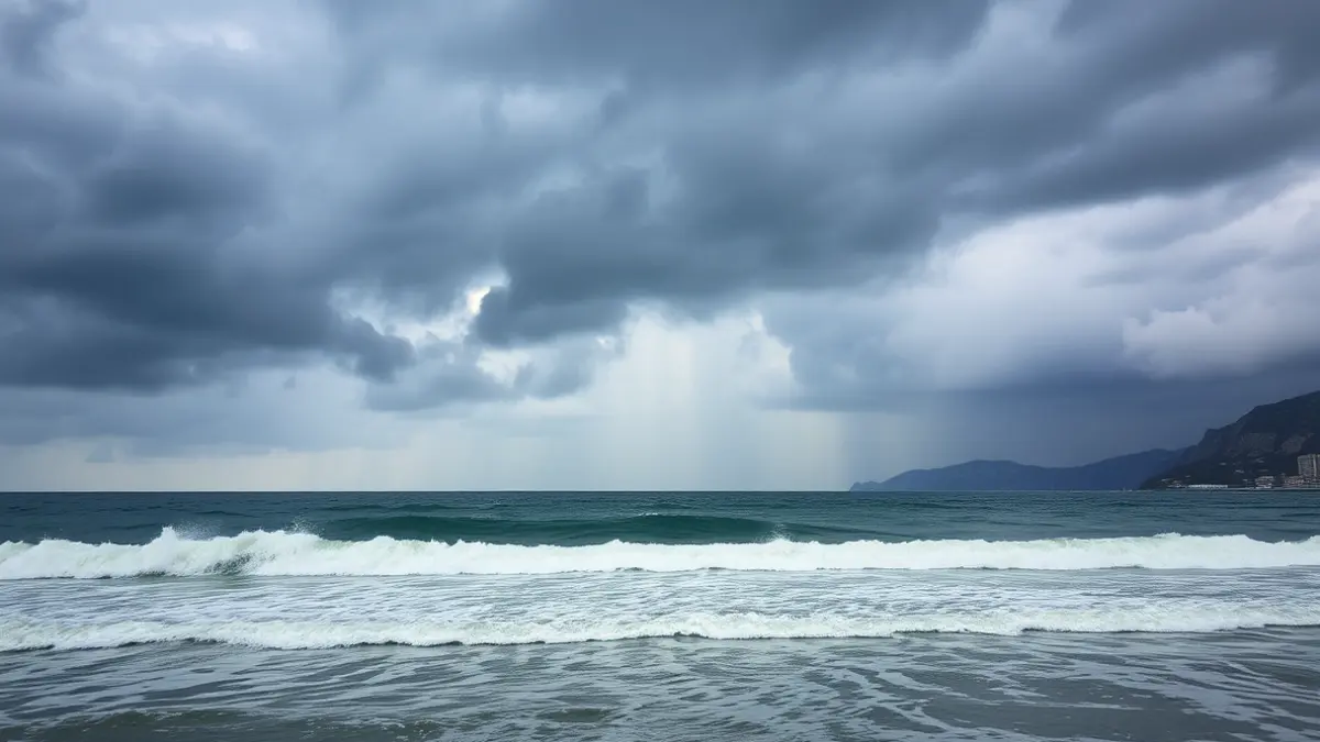 Generic image of a dramatic sky over a Mediterranean coastline with dark clouds and rain, symbolizing a weather change.